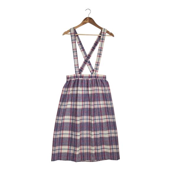 VTG Wool Blend Jumper Skirt Dress Straps Suspenders Purple Pink White Plaid - Picture 1 of 15
